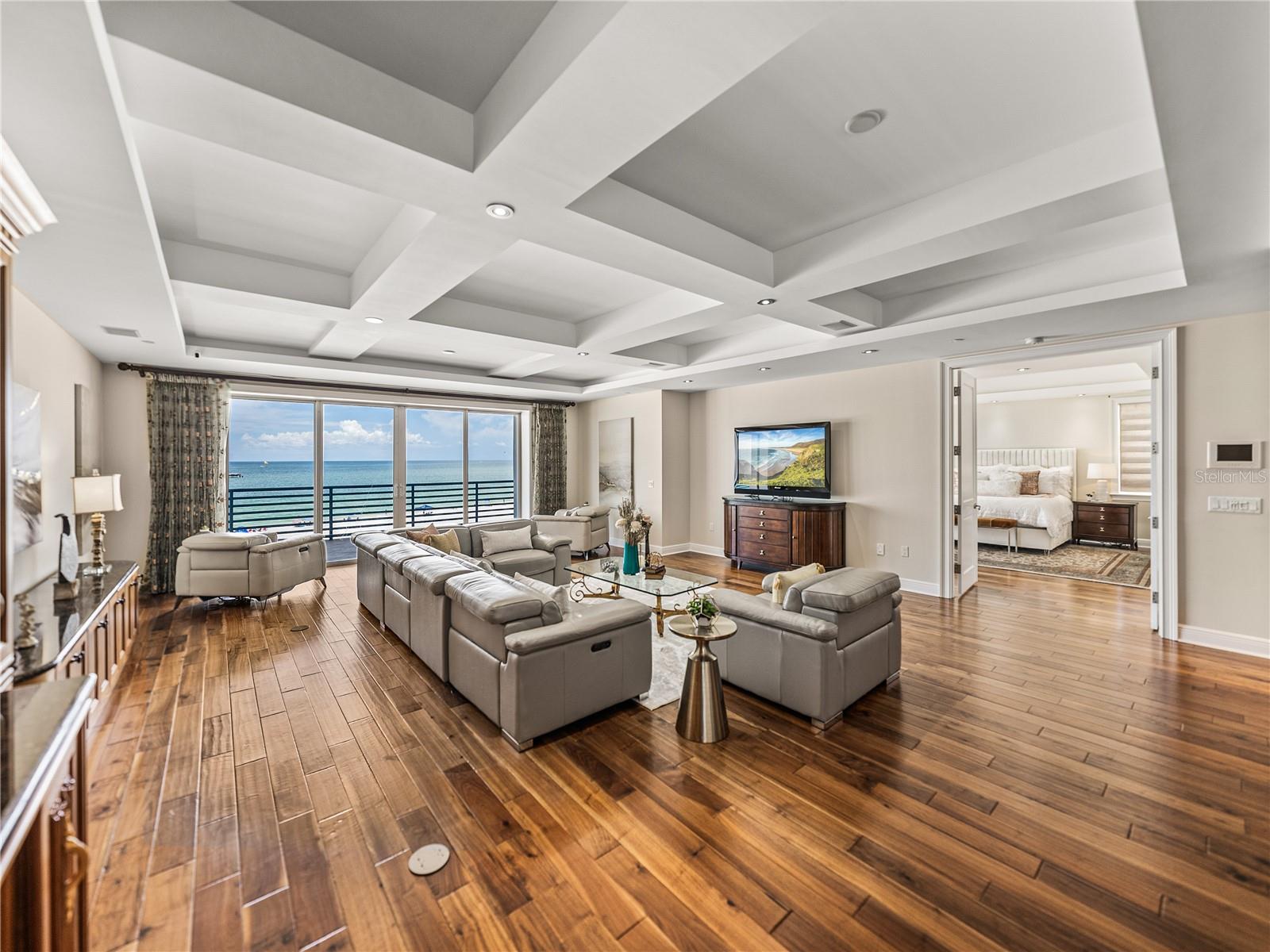 The coffered ceilings add dimension and style.