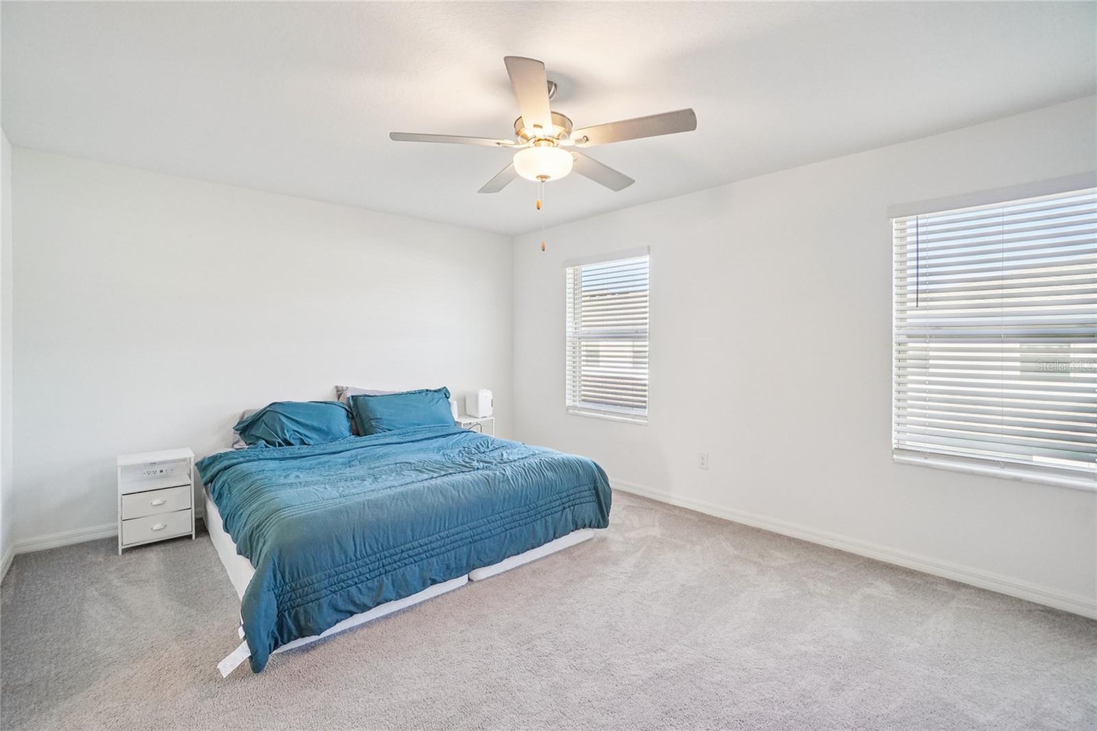 Primary Bedroom – Angle 1 – Spacious primary bedroom with plush carpeting, neutral walls, and two large windows enhancing the room’s airy feel.