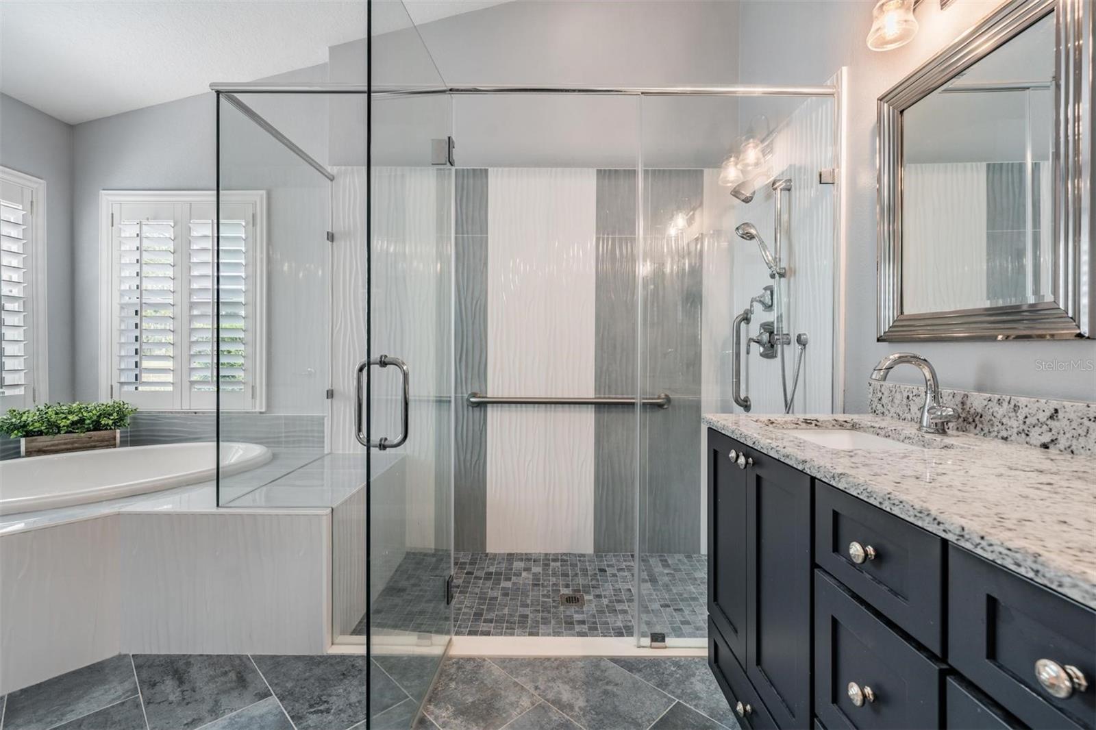 Walk-in, custom, oversized shower with bench seating
