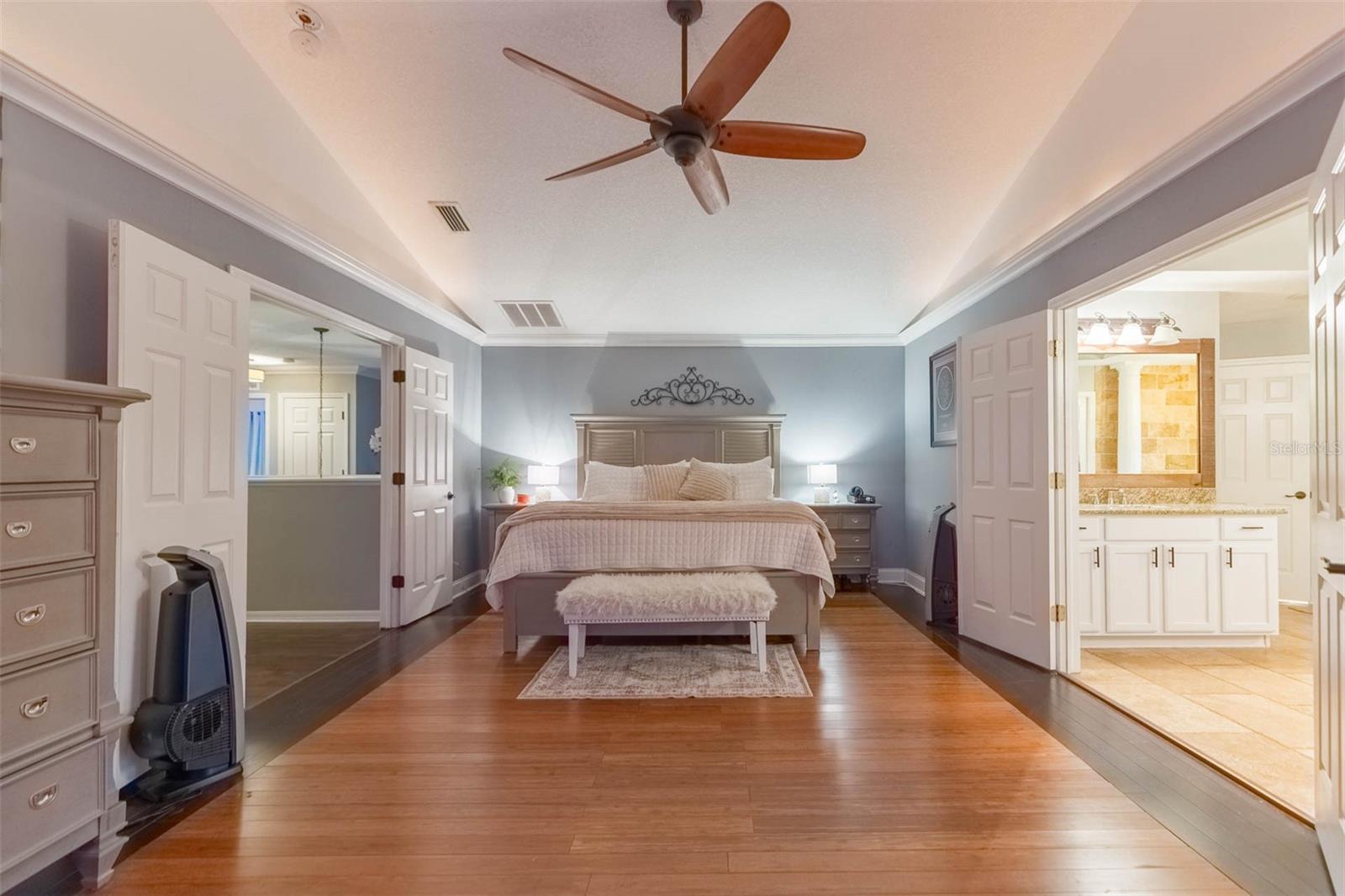 Striking primary bedroom with double door entry and double doors to the primary bath