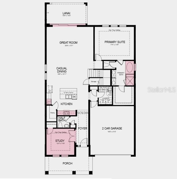 First Floor Plan - Additional highlights include: a gourmet kitchen, pocket sliding glass door in the great room, a private study, outdoor kitchen rough-in on the lanai, and a soaking tub with a separate shower in the primary bathroom