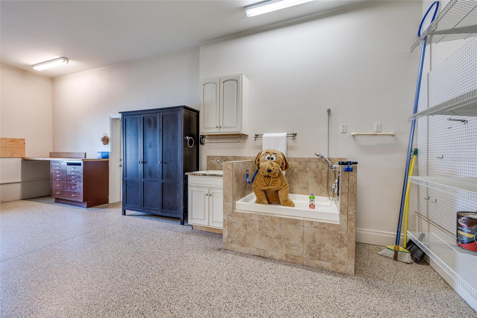 DOG WASHING STATION and work bench! 4 Car tandem parking garage.