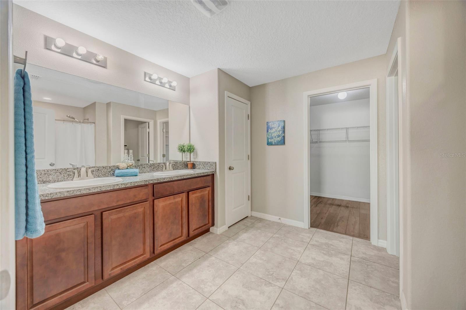 Large Primary En Suite Bathroom w/ dual sinks, walk in shower, and huge closet!