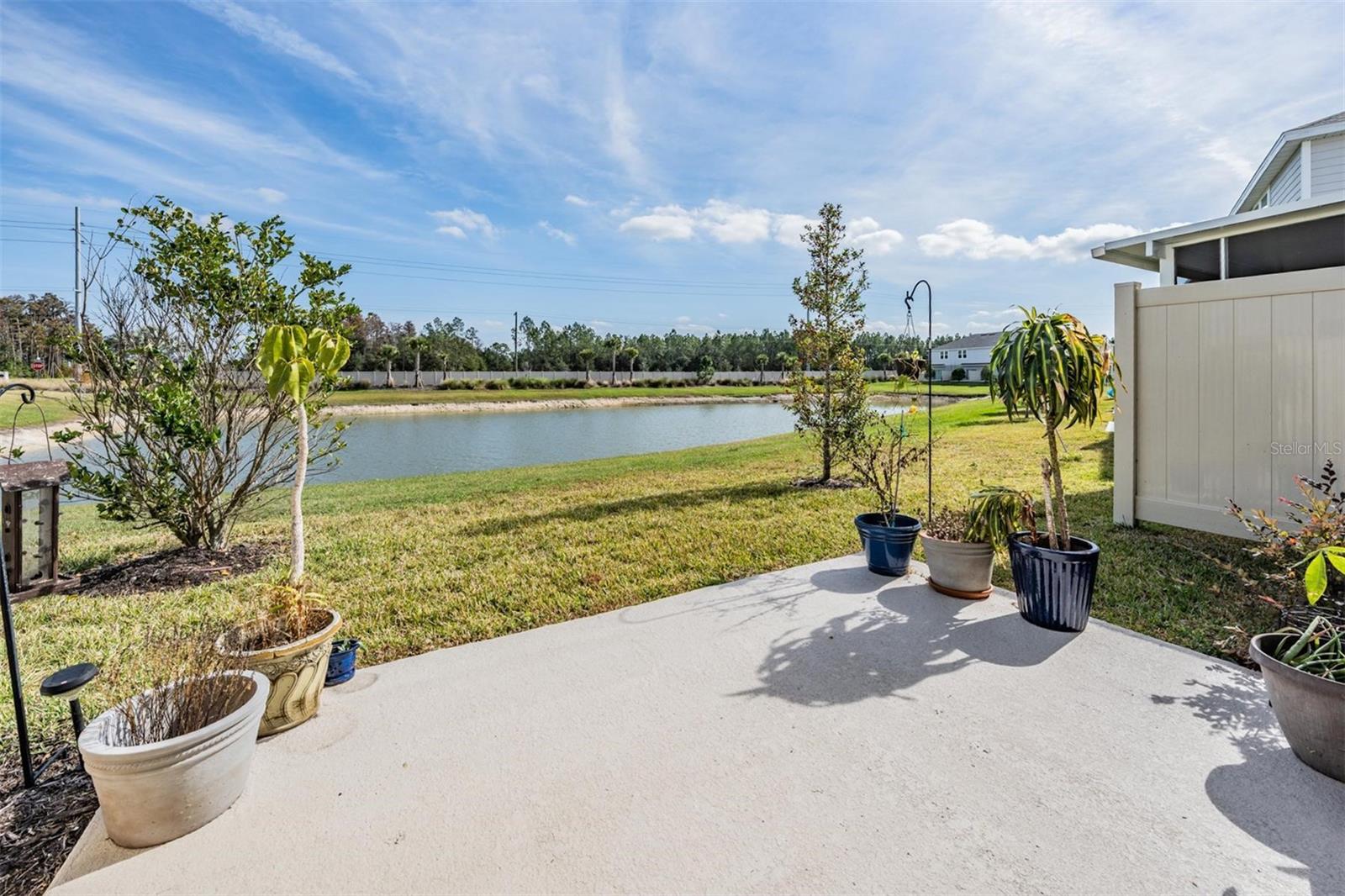 large back patio/porch overlooks pond on the first floor