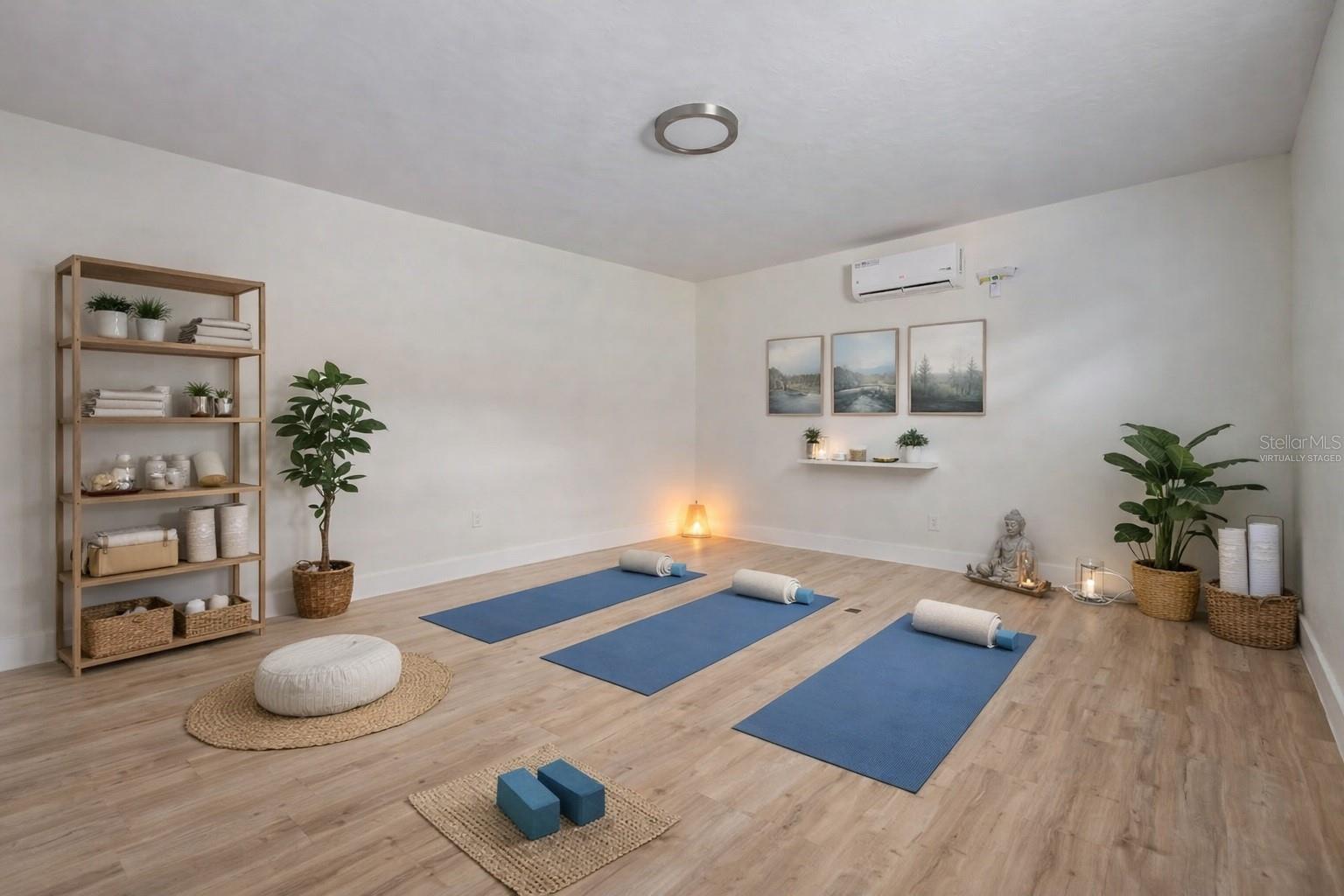 Virtually staged as a yoga studio