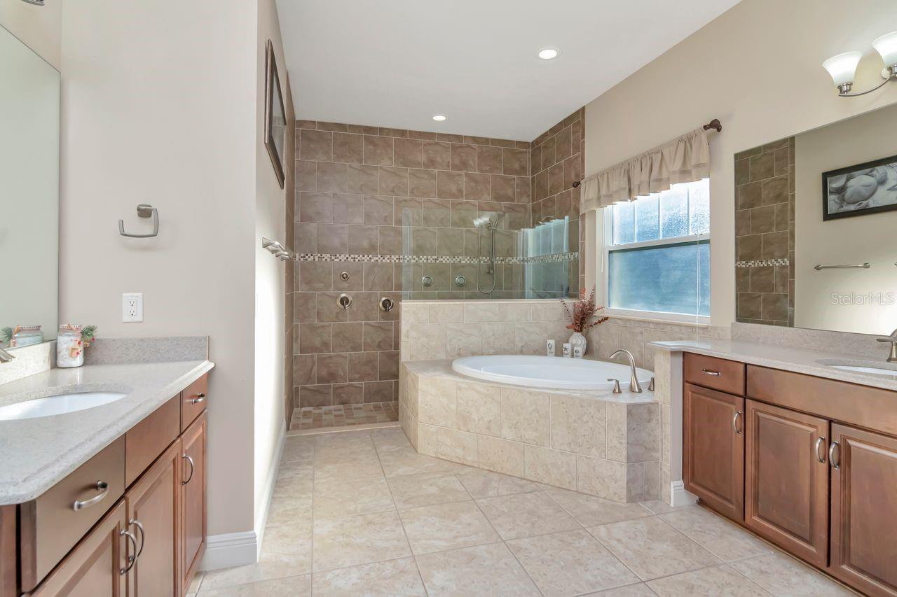 Spa-Inspired Owner’s Bathroom with Garden Tub and Large Frameless Walk-In Shower