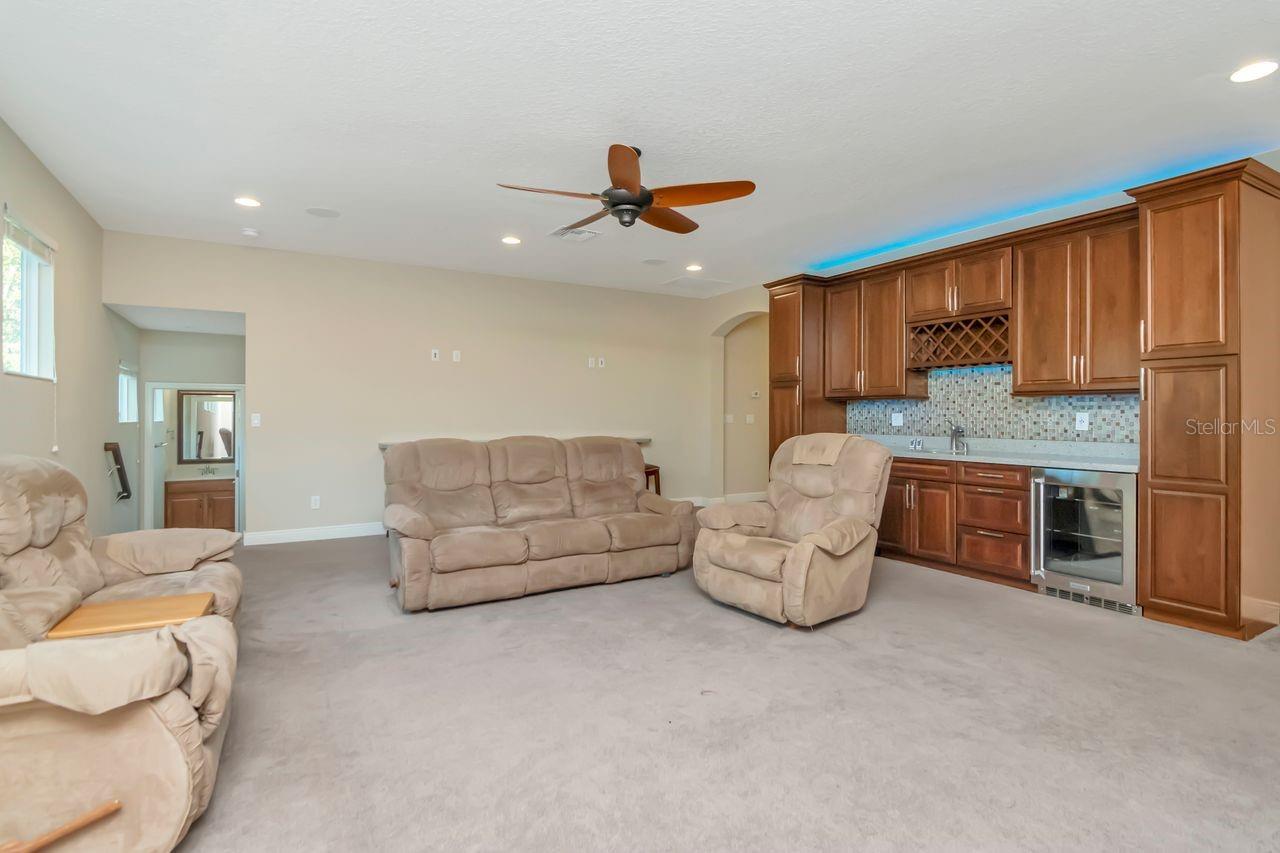Spacious Media Room Featuring Wet Bar and Ice Maker
