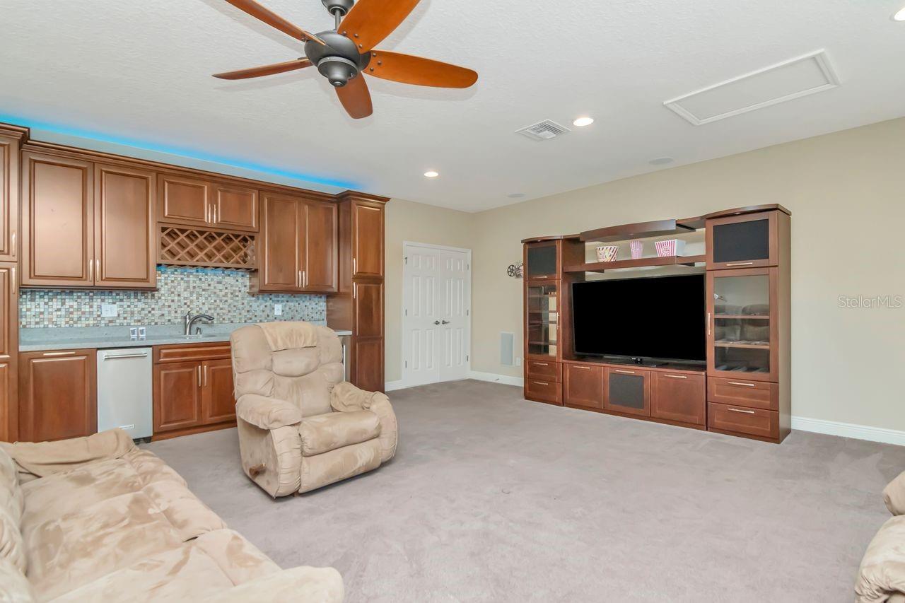 Spacious Media Room Featuring Wet Bar and Ice Maker
