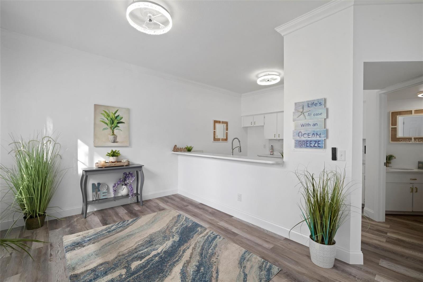 Dining area. The mounted light on the ceiling is a high powered fan.