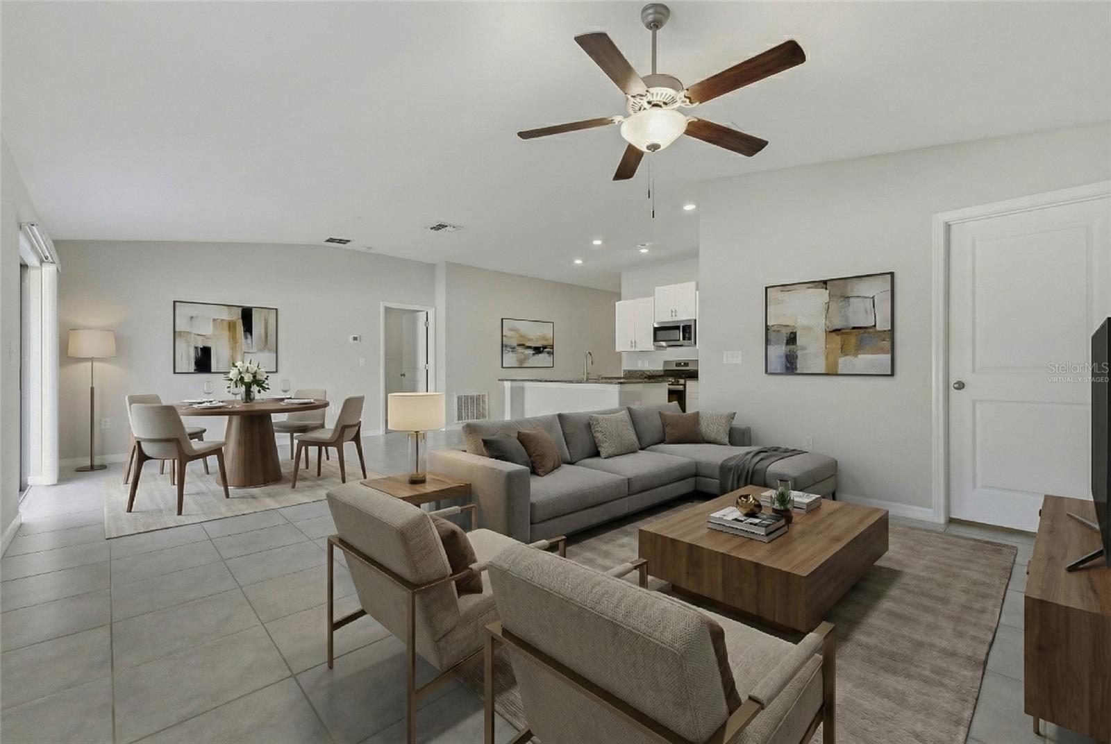 Living room and dining room (virtually staged)