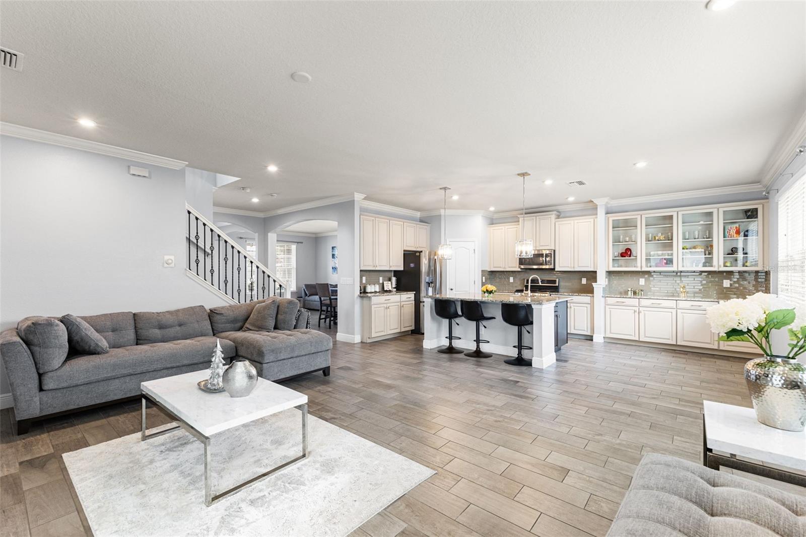 Family room, kitchen and dinette area