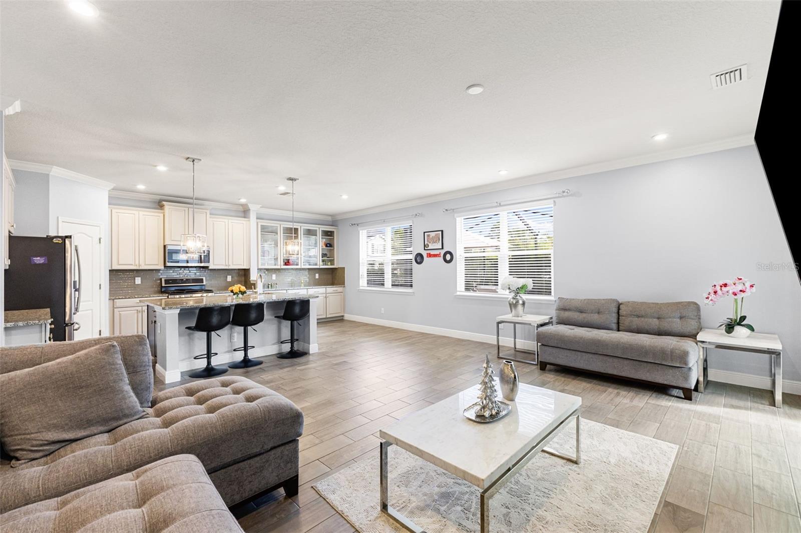 Family room, kitchen and dinette area