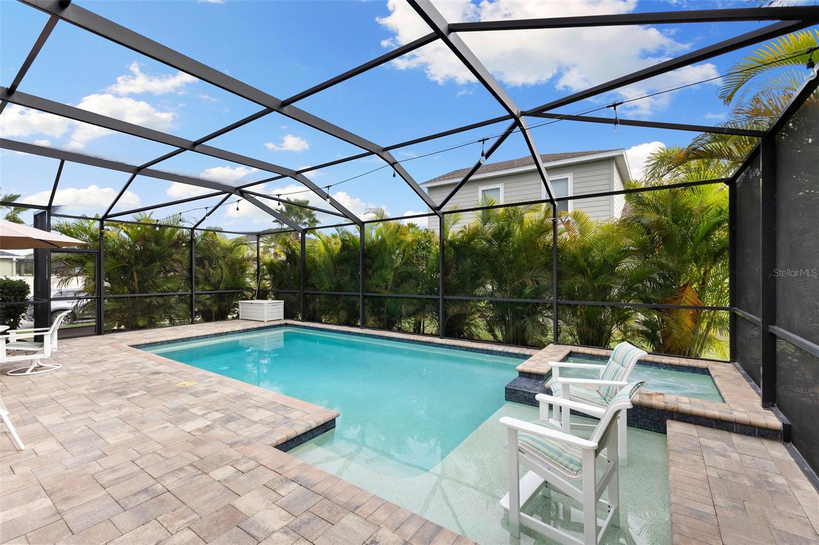 Screened lania with saltwater pool and spa surrounded by lush palms and fruit-bearing avocado and papaya trees