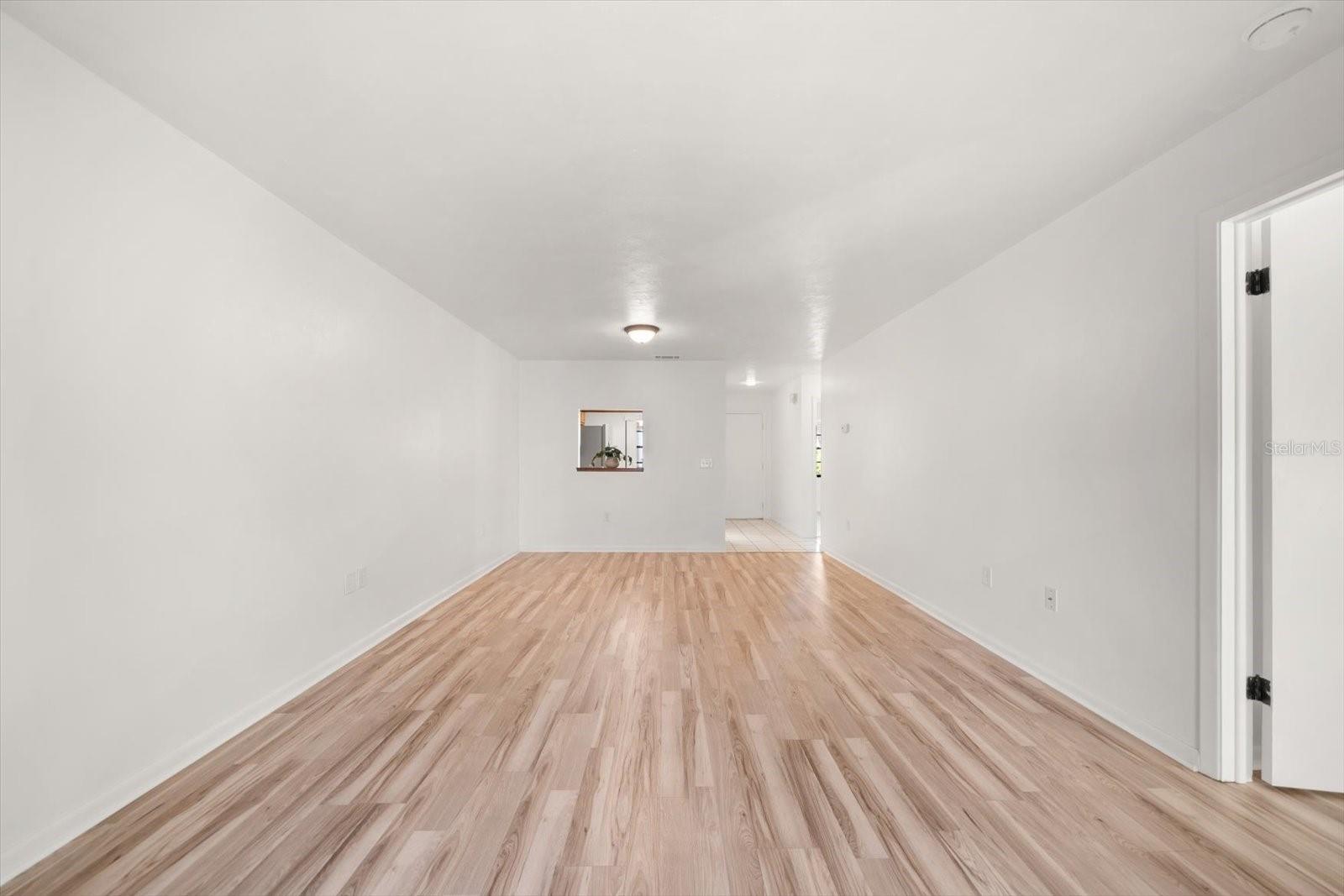 view from living room to front door and kitchen