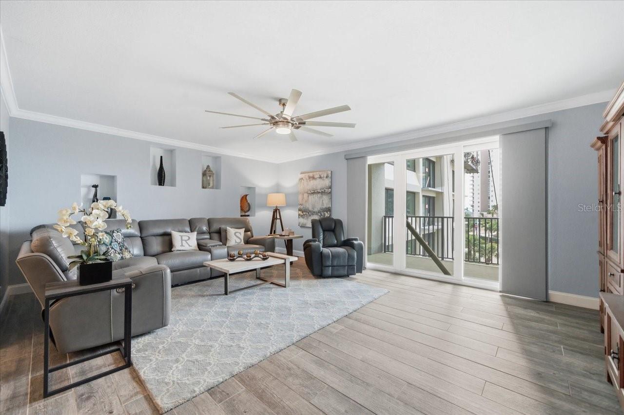 Oversized living are with sliders to balcony