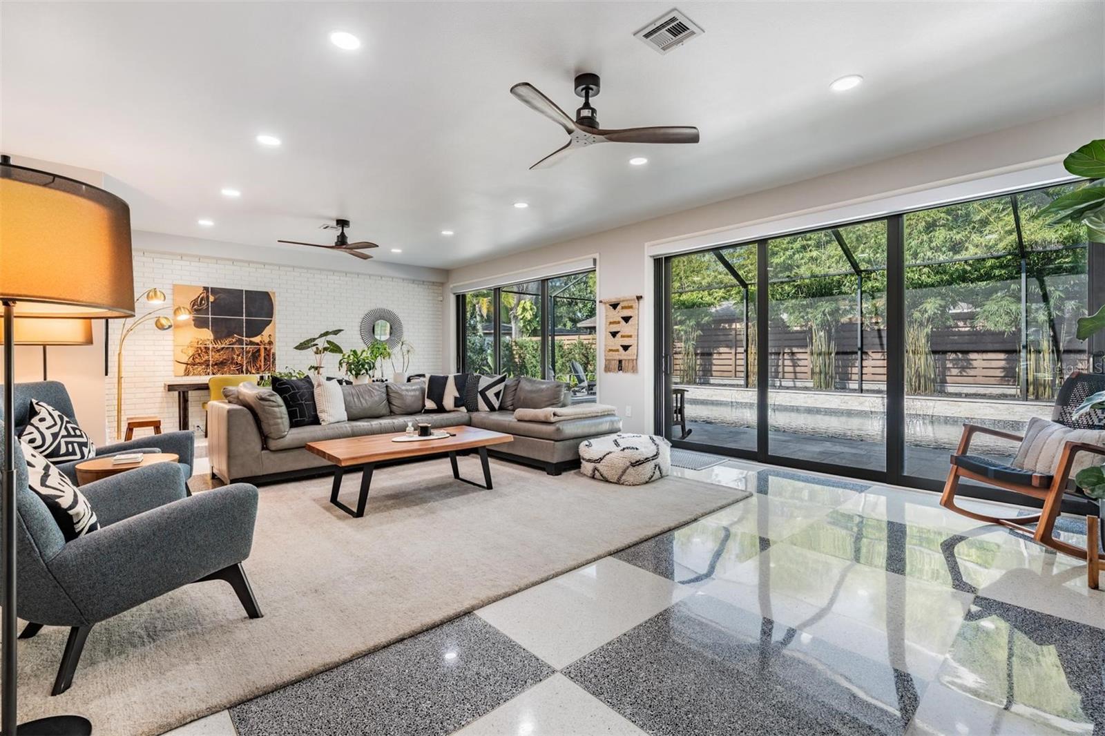 Living room with checkerboard terrazzo