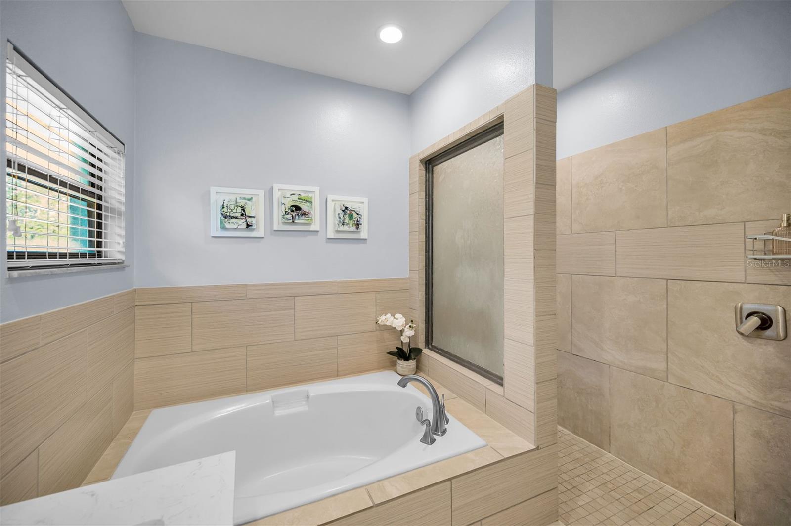 Primary garden tub and walk in shower