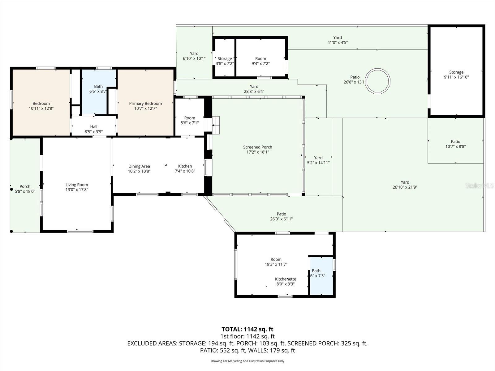 Floor Plan featuring the Main House, Mother In-Law Suite, Office, Garage Storage, Large Screened-In Patio and Spacious Backyard
