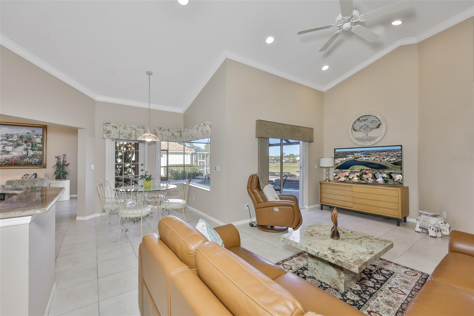 Great Room Off the Kitchen, Recessed Lights, Crown Molding High Ceilings