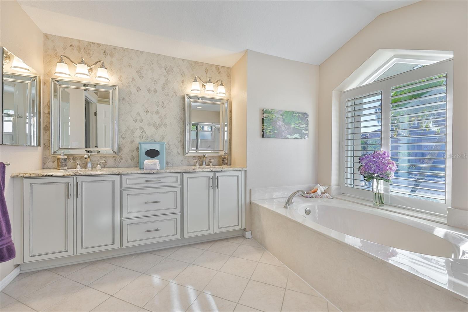Primary Bath, Tall Double Vanity, Matching Linen Tower, Large Walk-In Shower & Soaking Tub