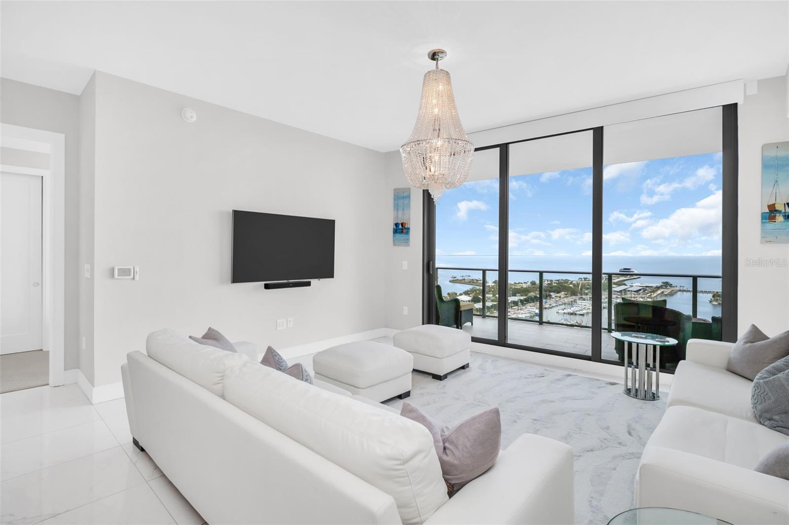 Large entertaining great room with water views out to Tampa Bay