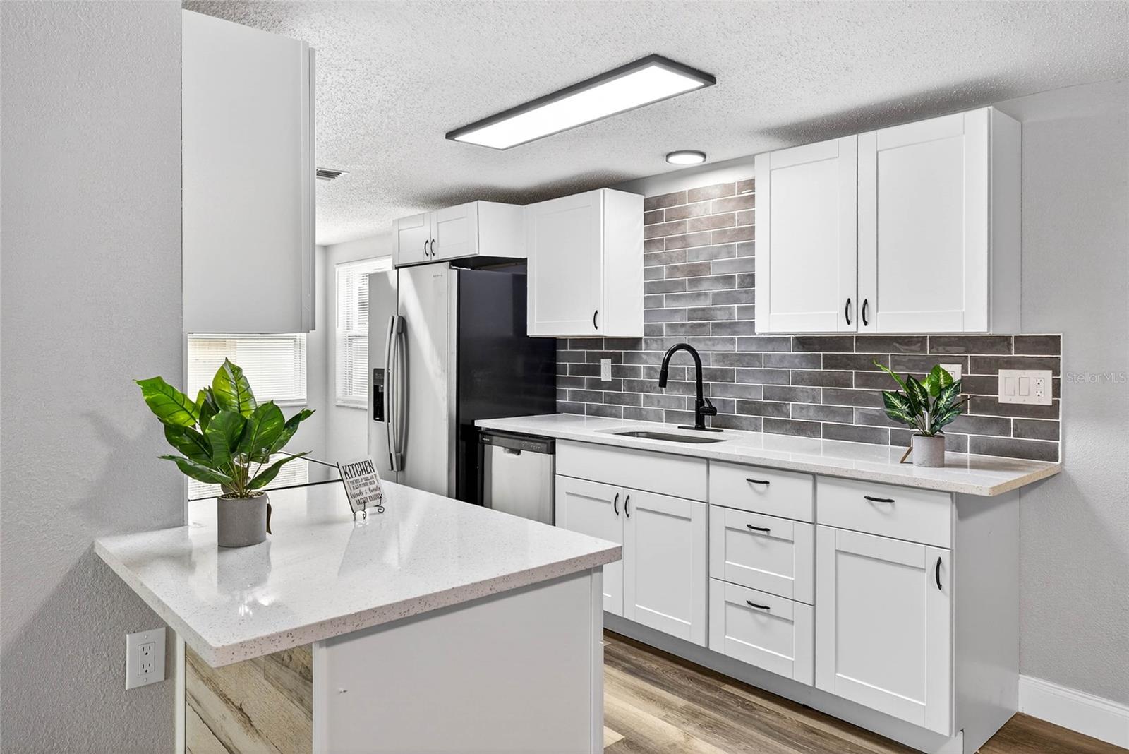 Brand new kitchen cabinets and quartz countertops with plenty of workspace and breakfast bar