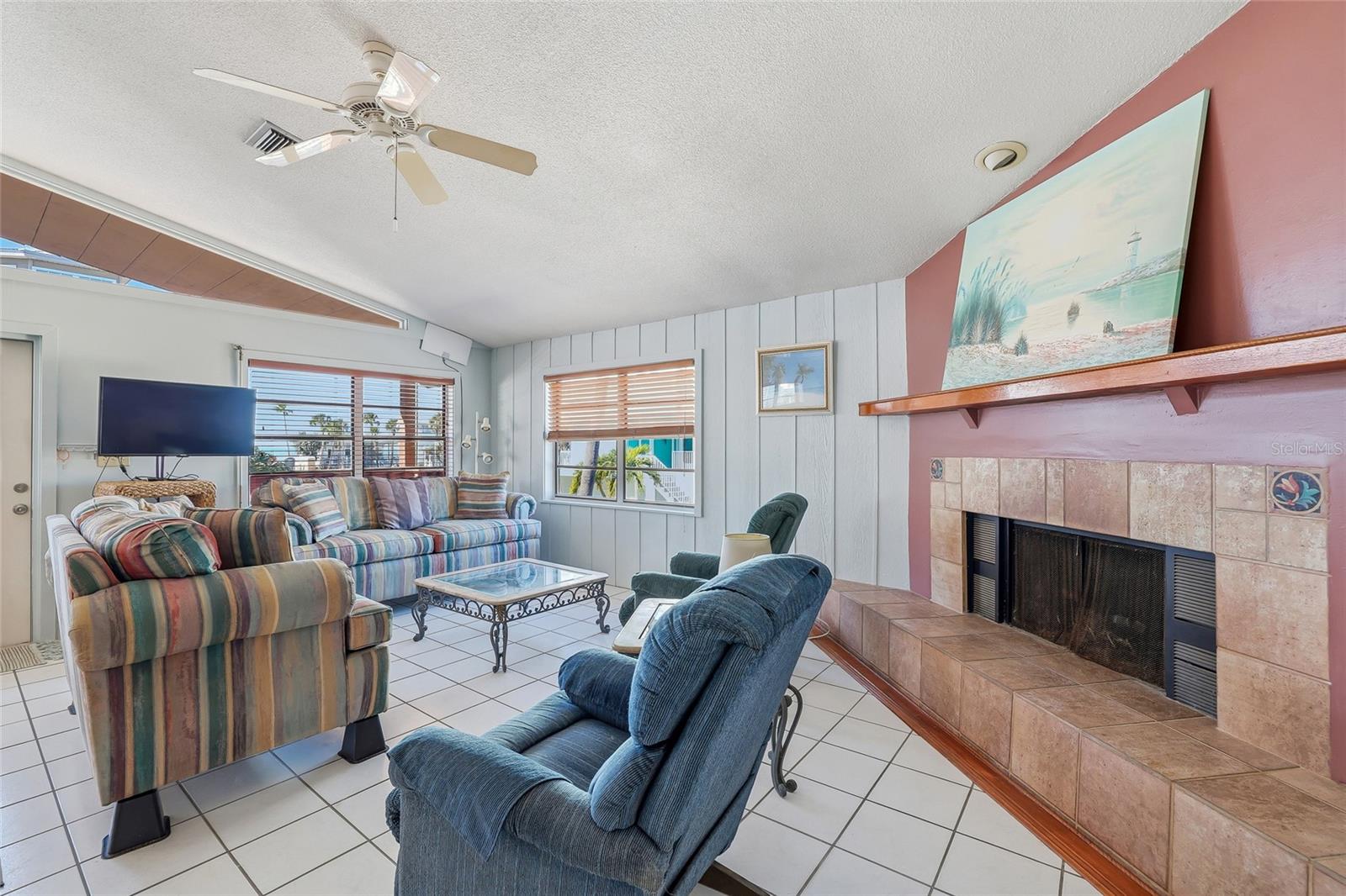 Wood burning fireplace.