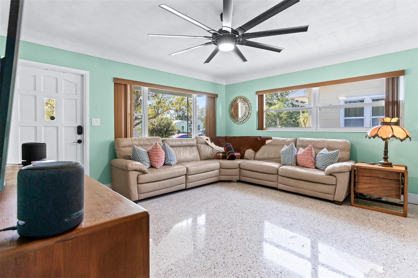 Gleaming terrazzo floors throughout