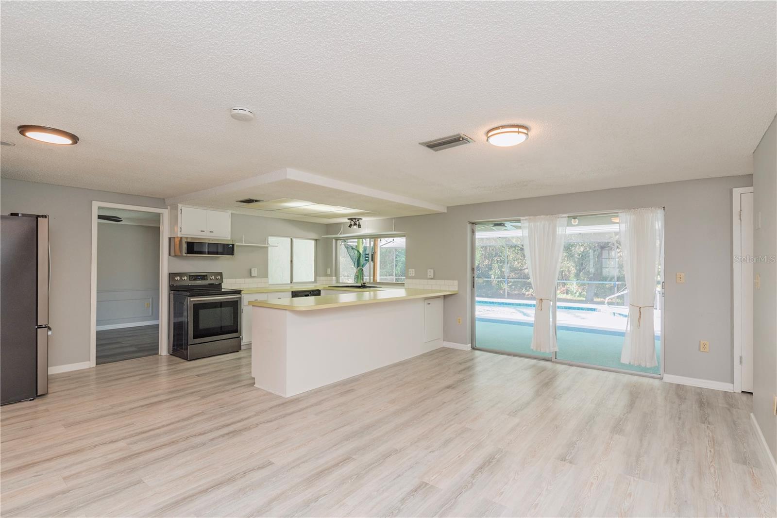 Kitchen and family room.