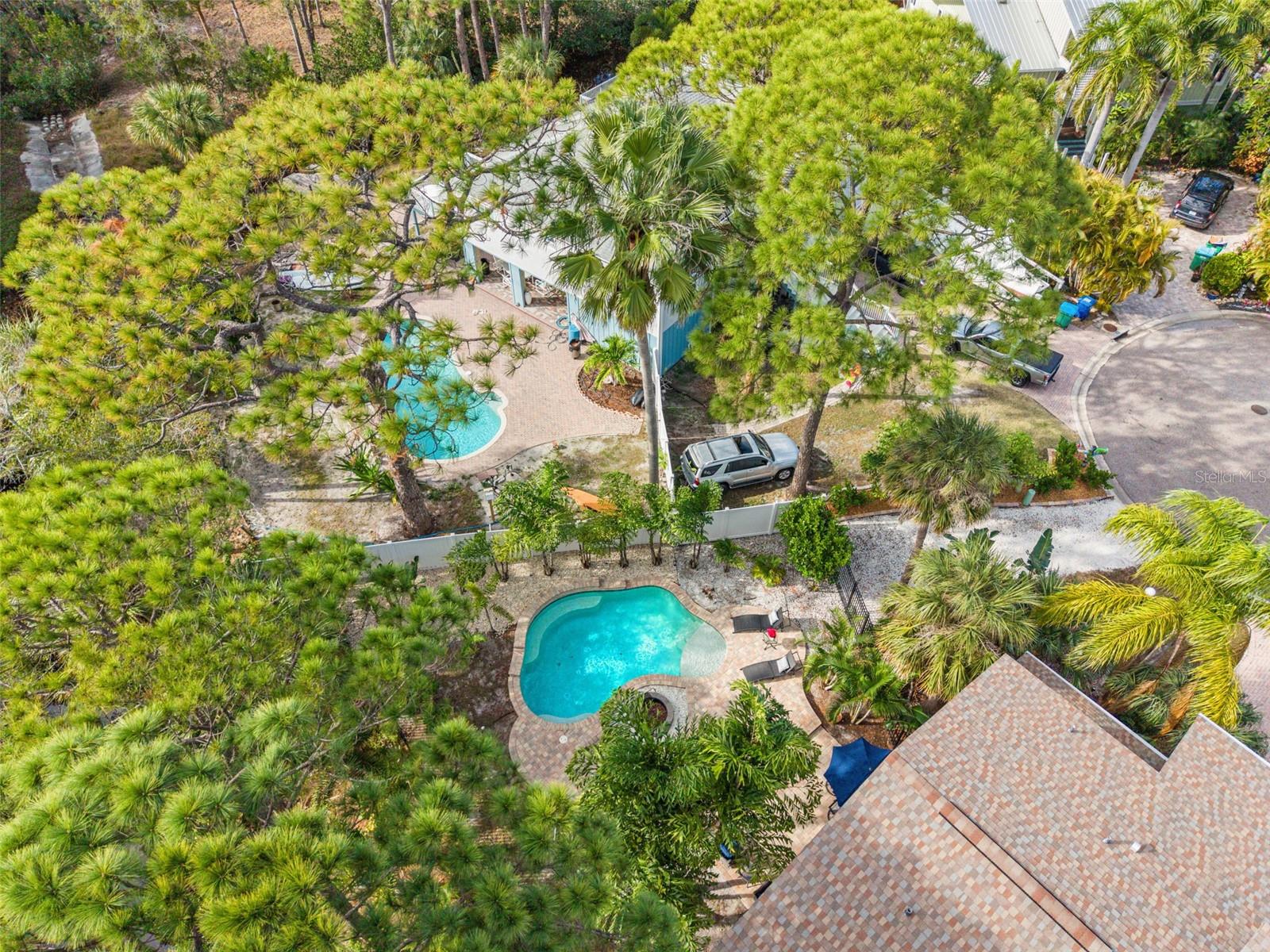 Private backyard oasis featuring a resort-style pool, patio, and firepit, surrounded by tropical landscaping.