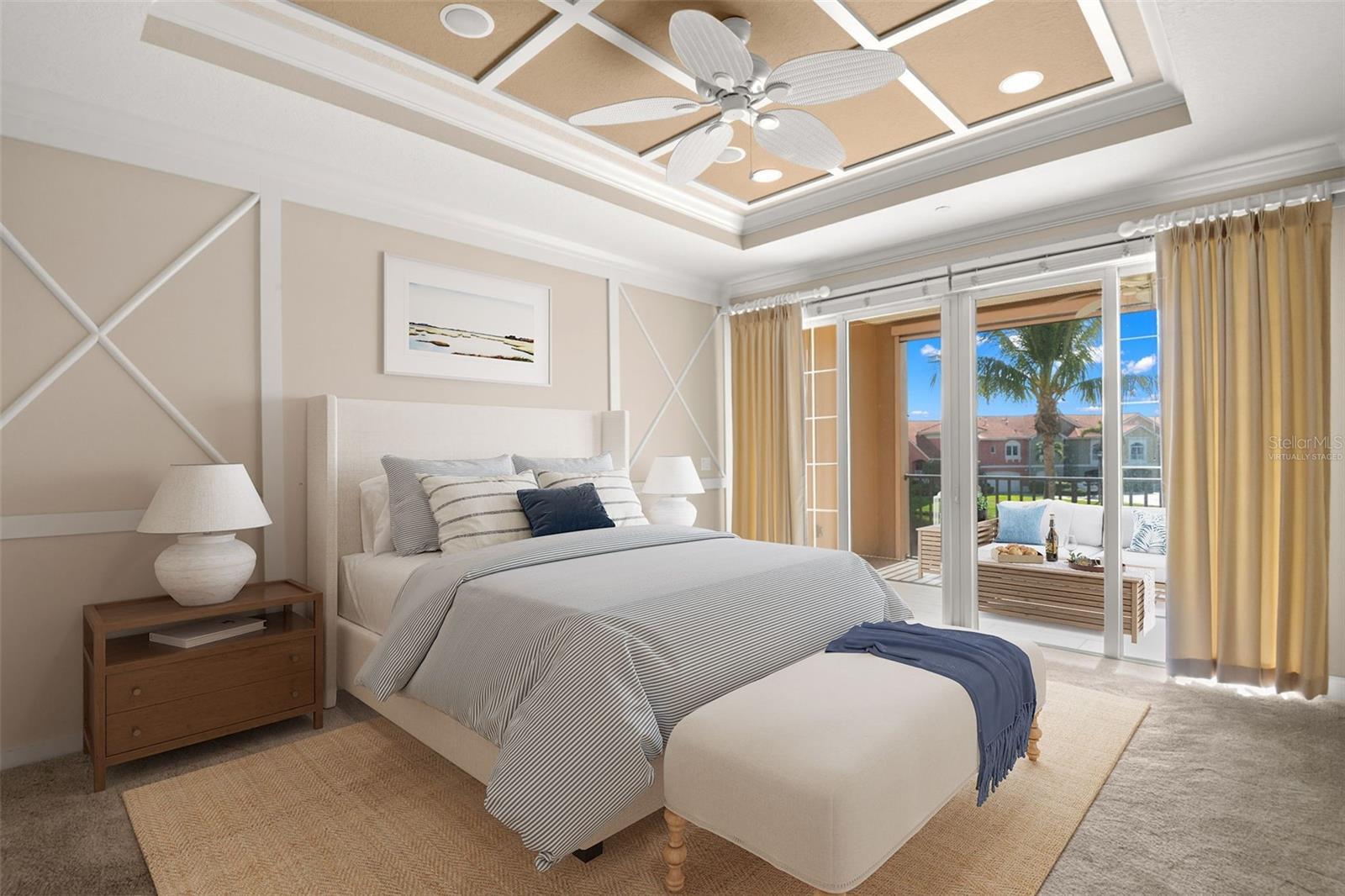 Virtually staged; Main Bedroom with access to the Covered Terrace.