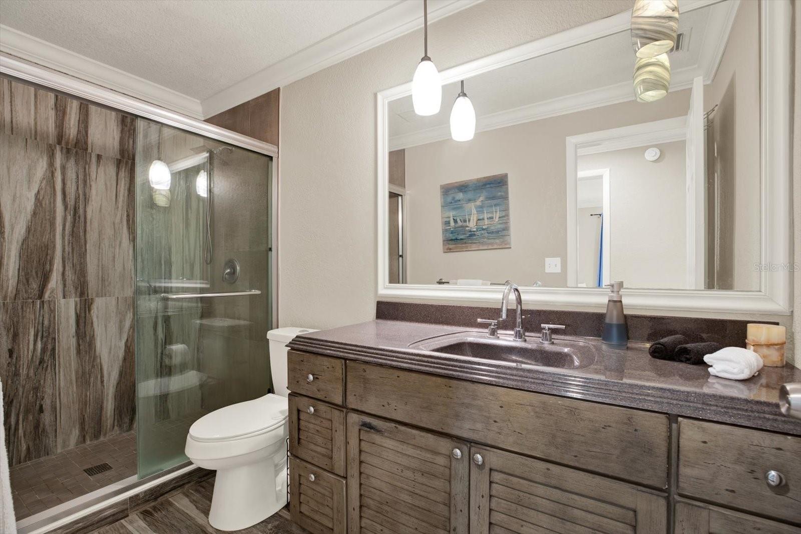 Updated guest bathroom with spacious walk in shower