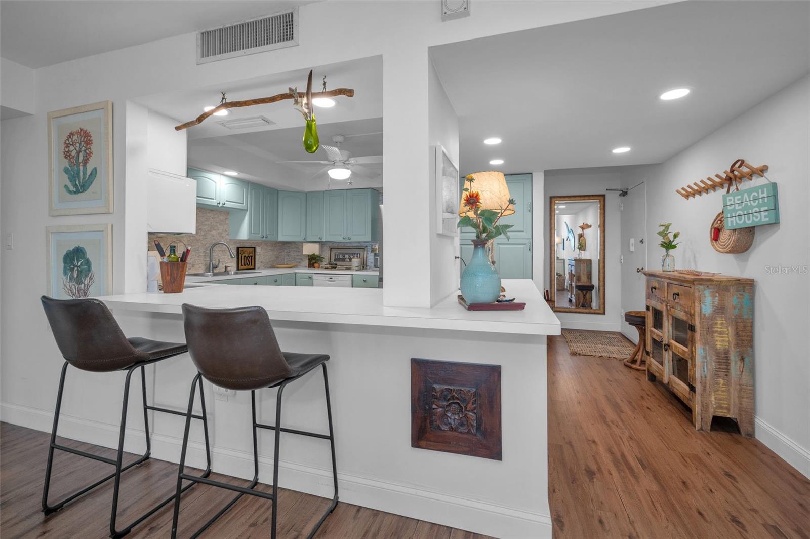 Bright lighting, kitchen area