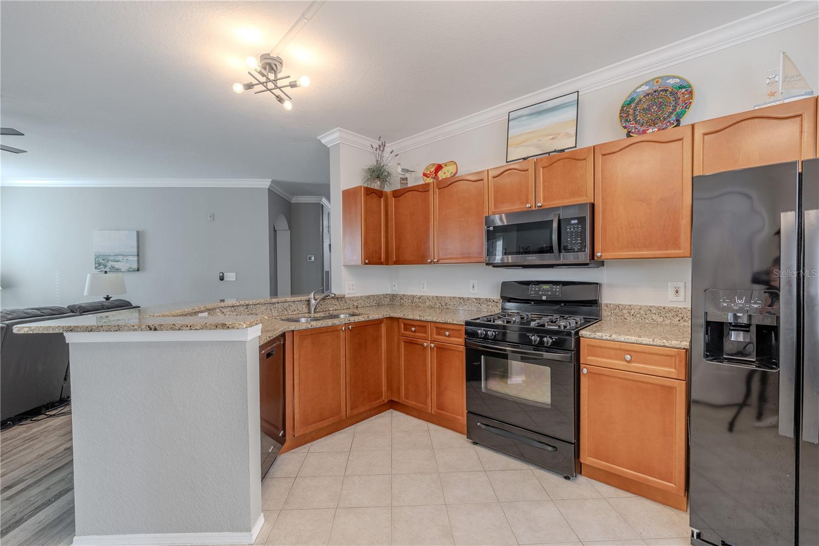 This kitchen view highlights the large pantry with double bi-fold doors, along with granite countertops, stainless appliances, warm wood cabinetry, and an open connection to the living area for seamless everyday living and entertaining.