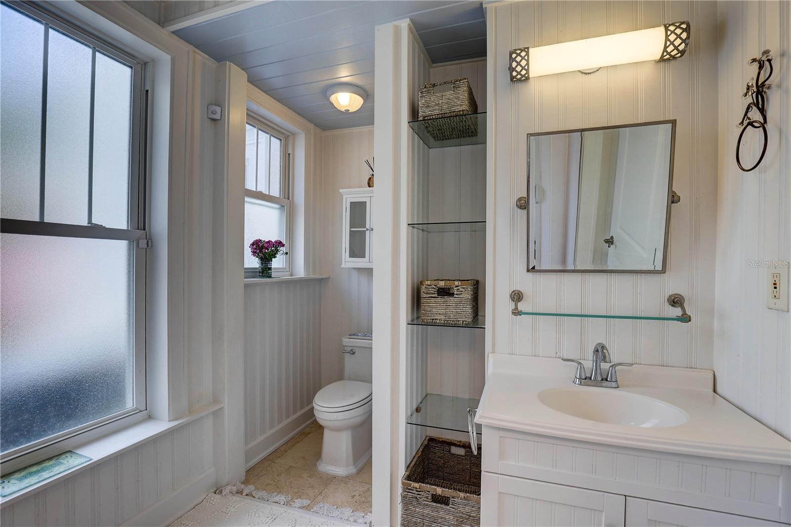 Downstairs bathroom. There is another set of glass shelves to the right of the toilet