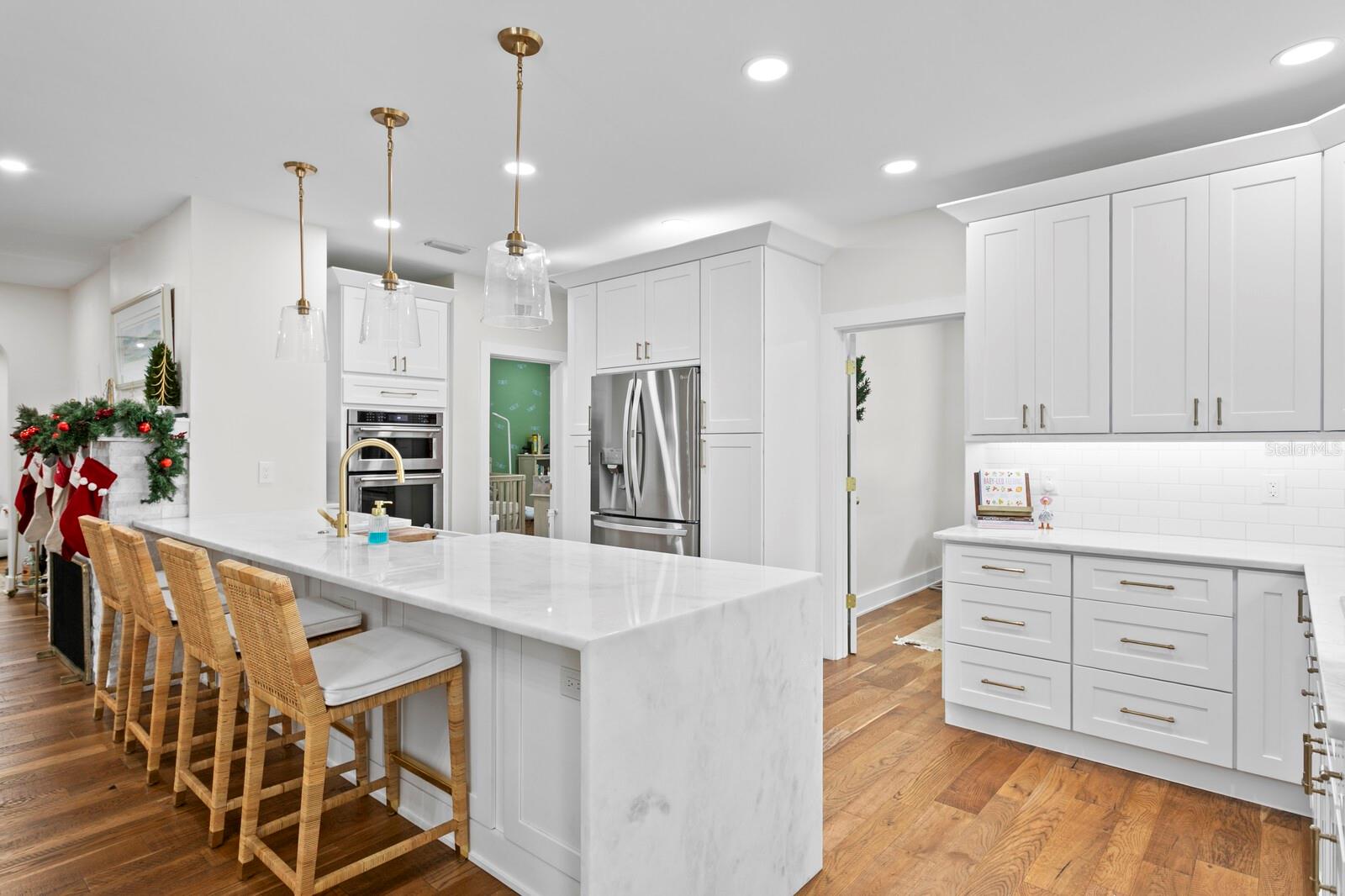 Large waterfall Marble kitchen countertop