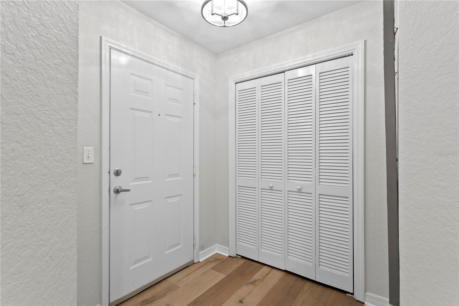 Convenient hallway closet ideal for extra household and personal storage.