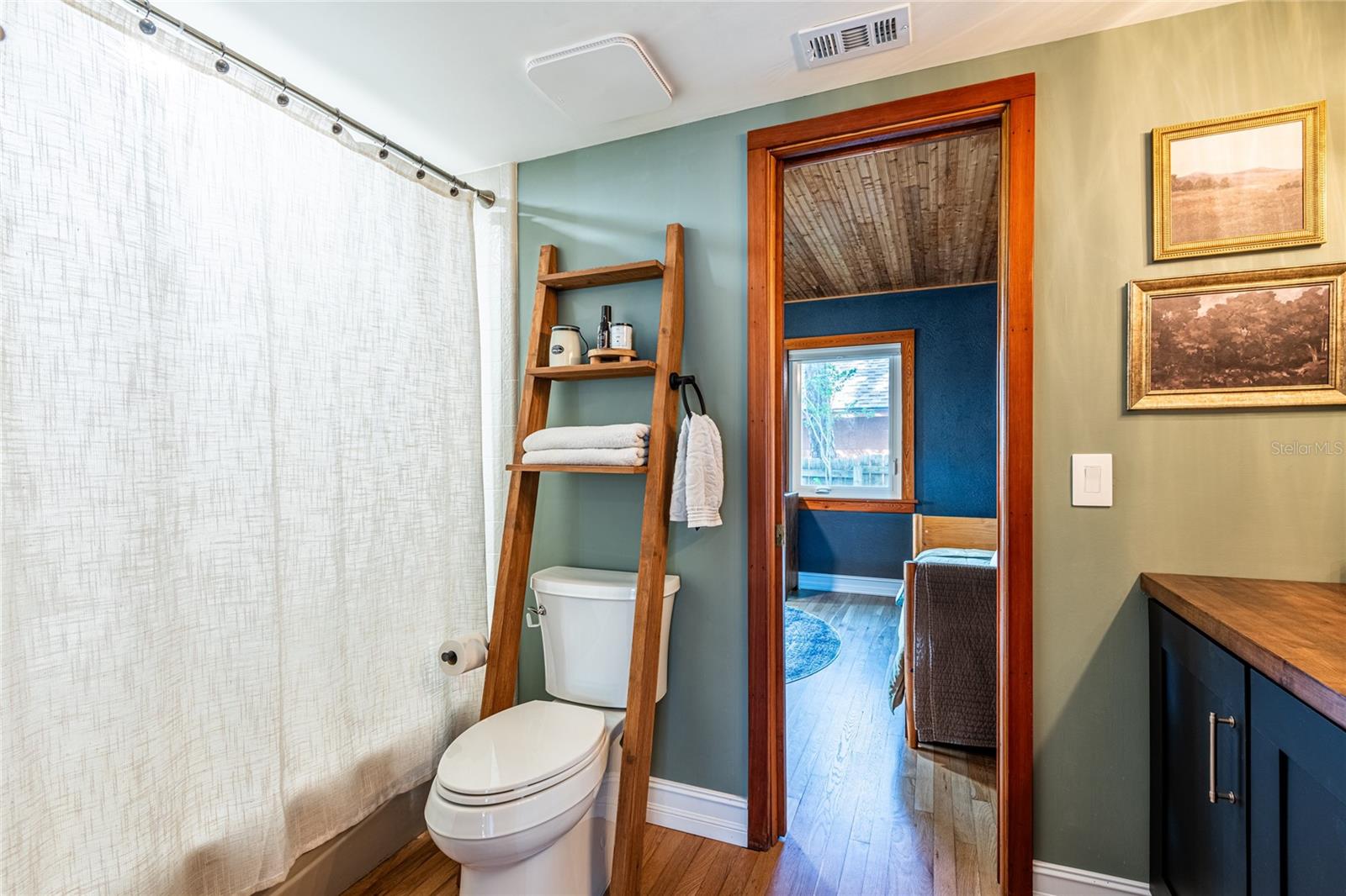 Downstairs bathroom with entrance both to hallway and to downstairs bedroom