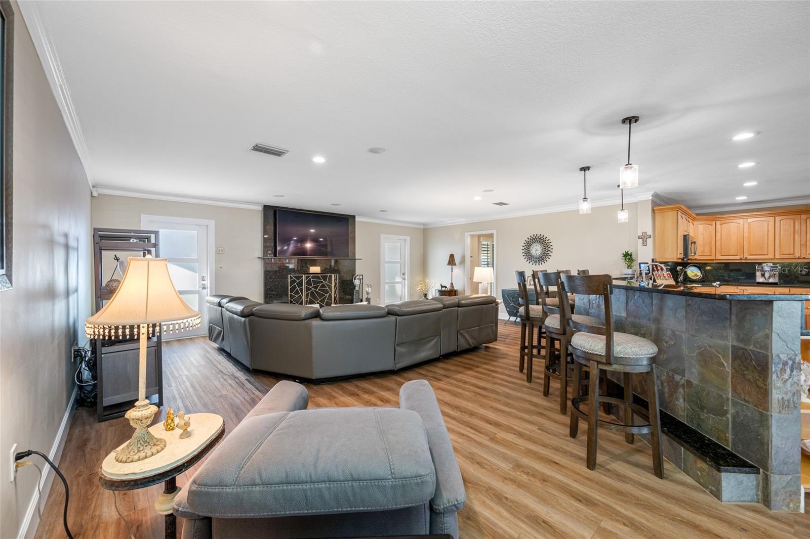 Living Room with Wood Burning Fireplace