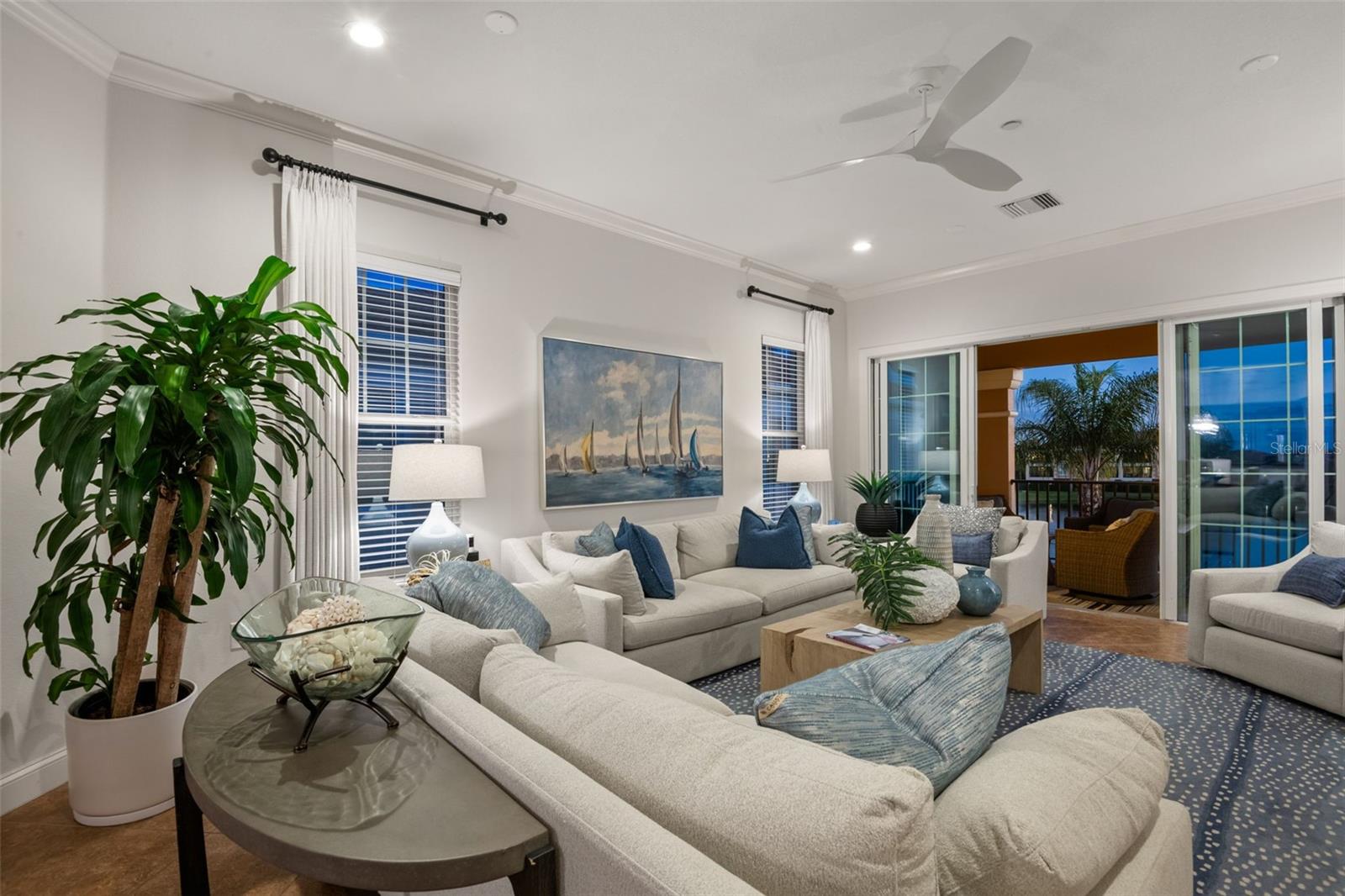 Living room at twilight.