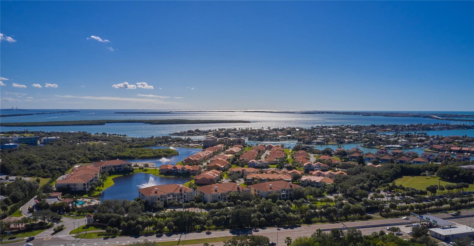 The Marina Bay community on Boca Ciega Bay with the Sunshine Skyway Bridge on the left horizon.