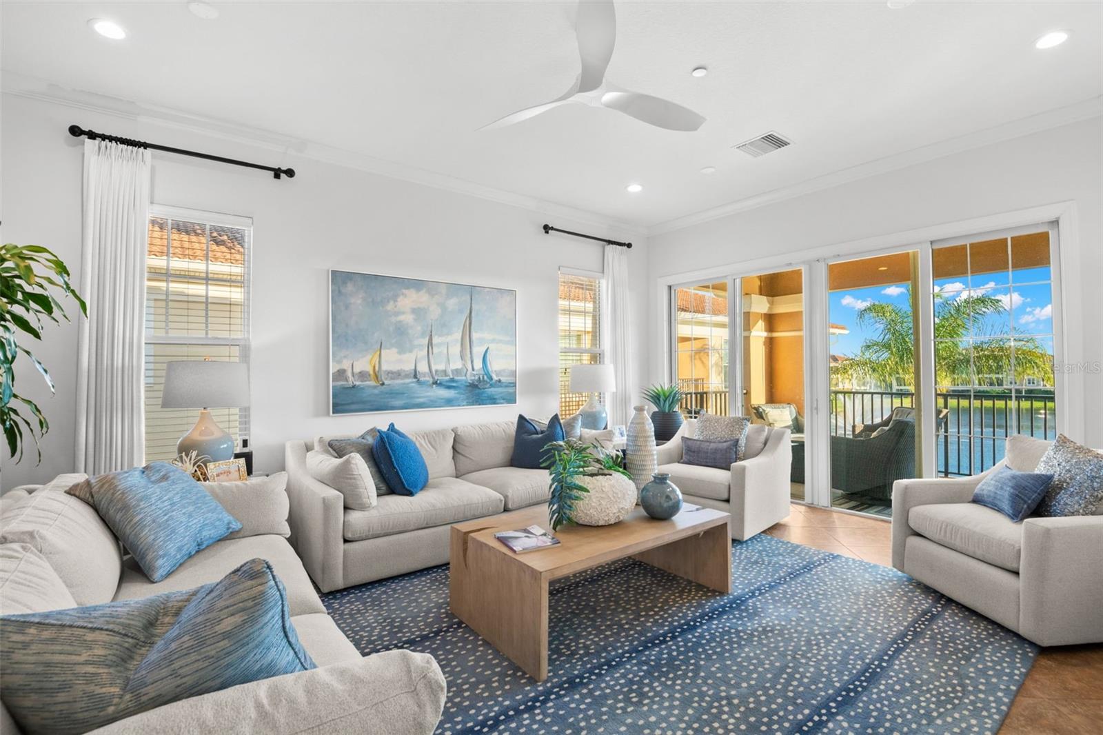 Lovely water and fountain views from this spacious and bright Living Room.