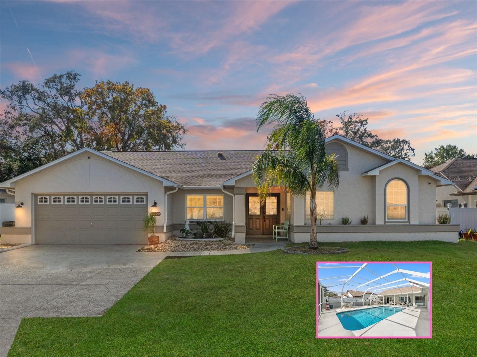 Twilight pic of home with inset of pool