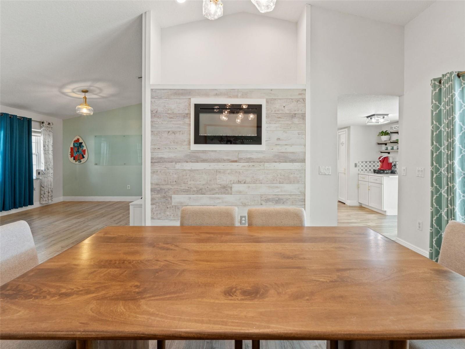 Dining with fireplace