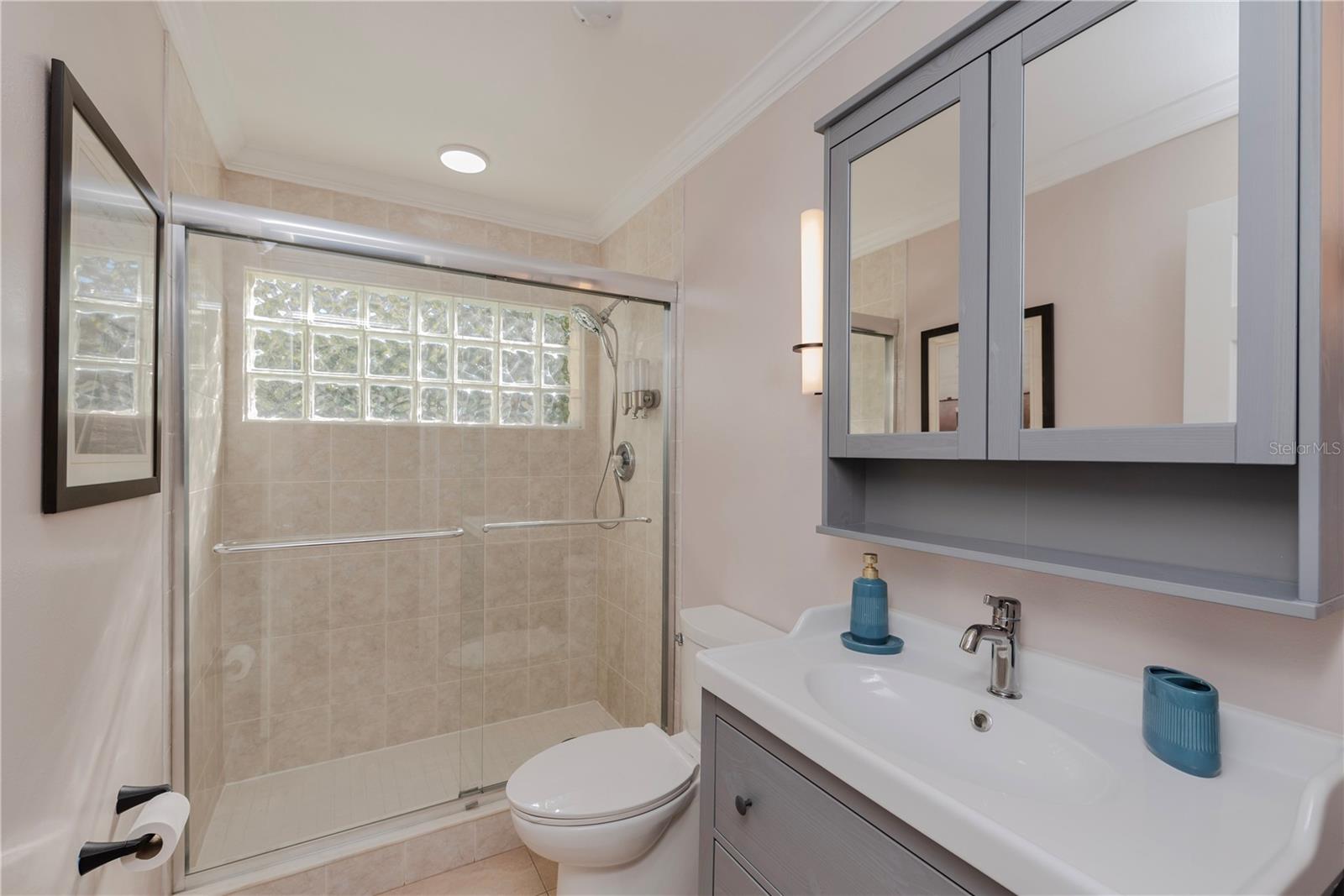 Guest bathroom with walk-in shower.
