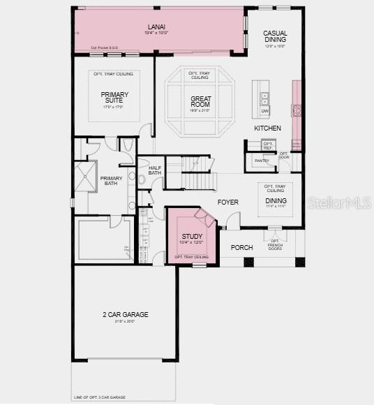 First Floor Plan - Additional Highlights Include: Gourmet kitchen, study in place of flex, pocket slider at great room, extended lanai, tray ceiling at primary suite, great room, dining, and study, 8' interior doors, and extended flooring on main level