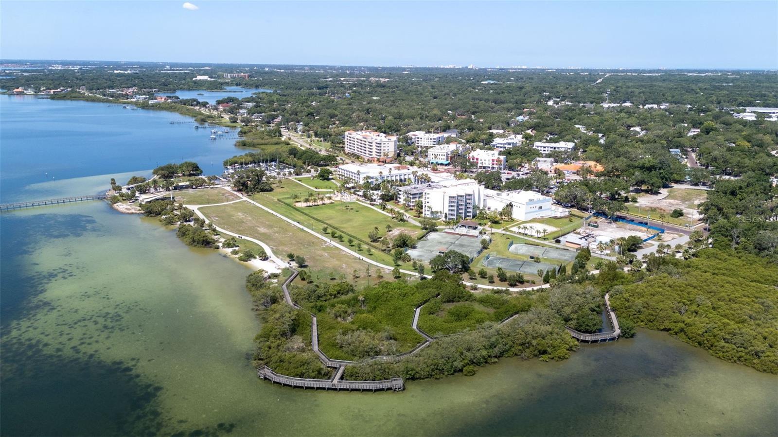 Aerial view of Safety Harbor Waterfront Park and Safety Harbor Spa