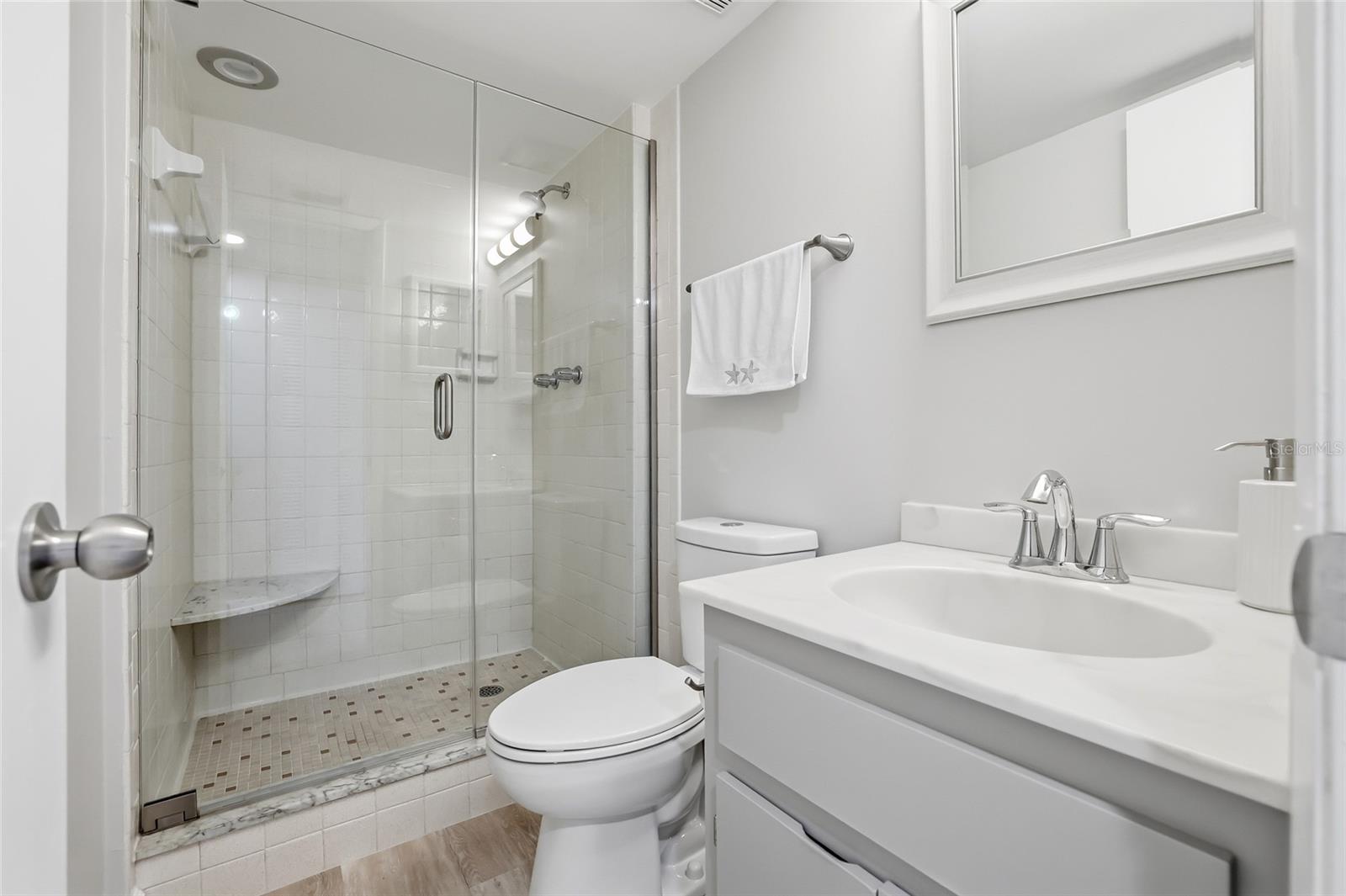 Second full bathroom with new shower door.