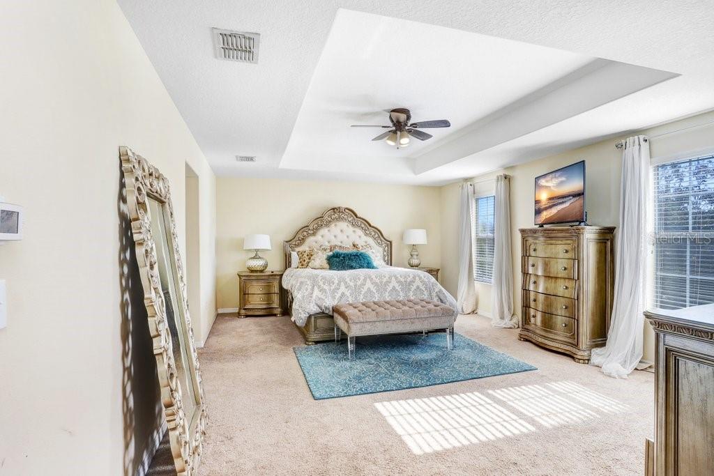 Massive master bedroom with tray ceilings