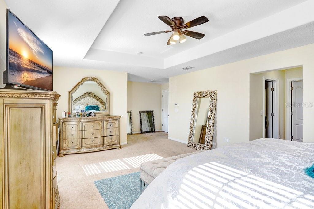 massive master bedroom with tray ceilings